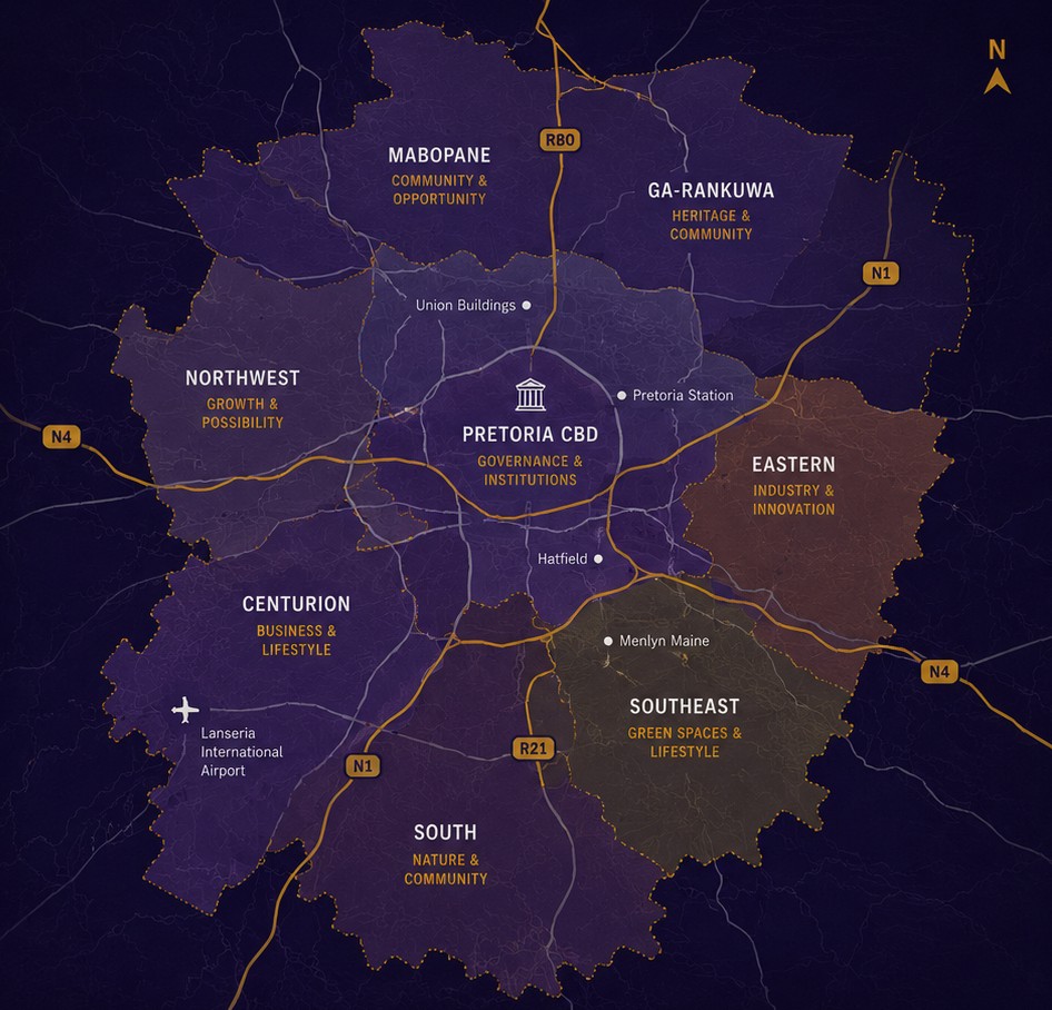 Schematic map of the Tshwane metro showing eight labelled districts, the N1, N4, R21 and R80 corridors, Lanseria International Airport and landmarks including the Union Buildings, Pretoria Station, Hatfield and Menlyn Maine.